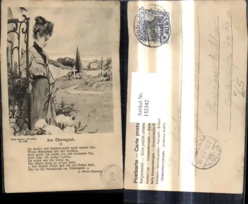 132342,Künstler Ak Am Elterngrab Frau Spruch Text E. Winter-Tymian Religion pub Paul Bayer B 1189
