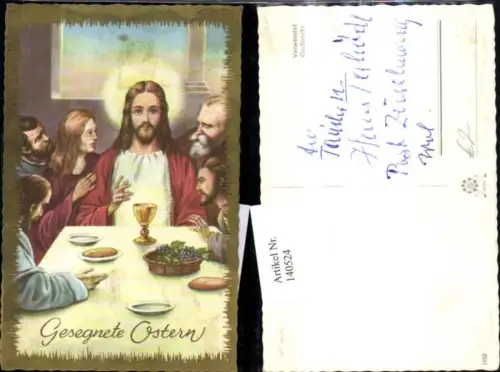 140524,Künstler Ak Jesus m. Jünger Abendmahl Kelch Brot Religion