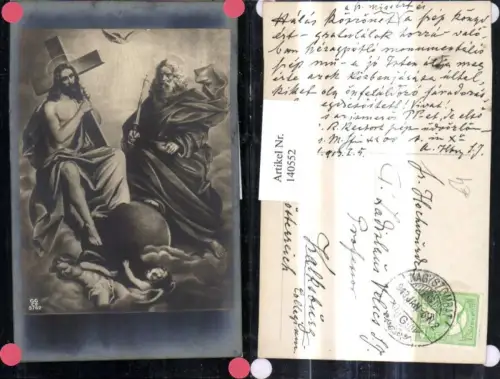 140552,Foto Ak v. Gemälde Jesus m. Kreuz Gott Engel Taube Heiligenschein Religion