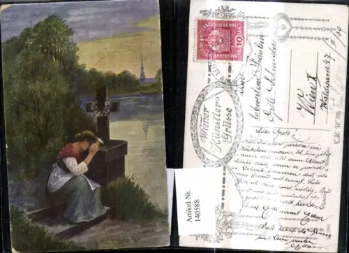 140588,Künstler Ak A. Öhler Fürbitte Frau betet a. Kreuz Ufer Tod Trauer Religion