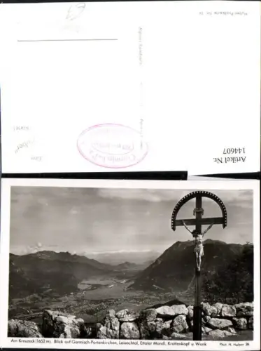 144607,Religion Am Kreuzeck Wegkreuz Blick a. Garmisch Partenkirchen Loisachtal Ettaler Mandl Krottenkopf u. Wank