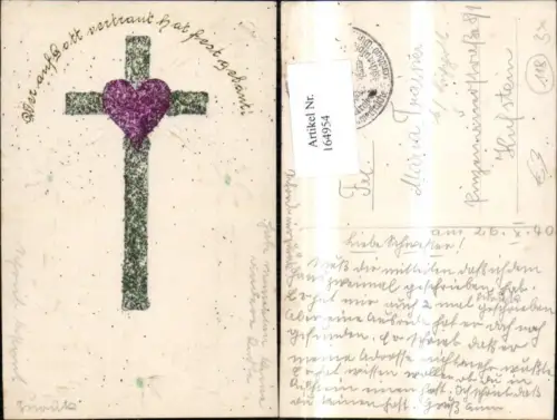 164954,Religion Präge Ak Glitzerkreuz m. Herz