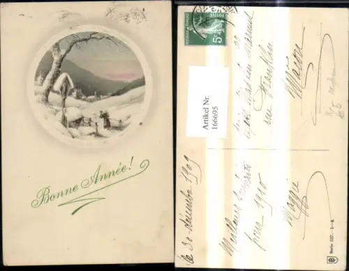 166695,Künstler Ak Wegkreuz Marterl Frau m. Rückkorb Winterlandschaft Präge Passepartout Bonne Annee