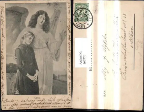 166770,Künstler Ak Frau m. Engel Schutzengel Leed Religion