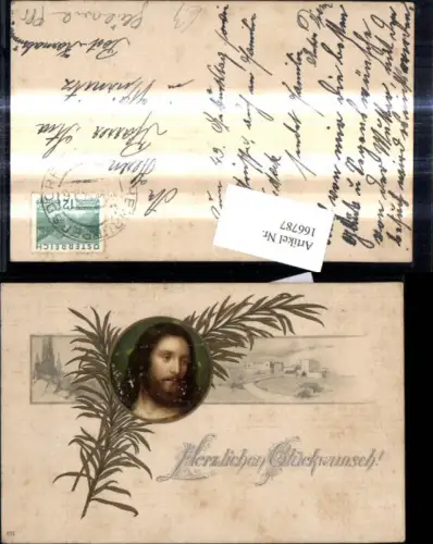 166787,Präge Ak Jesus Portrait Zweig Dorf Glückwunsch Religion Goldverzierung