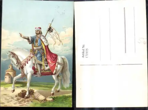 171975,Künstler Ak Mann m. Heiligenschein a. Pferd Fahne Flagge Religion