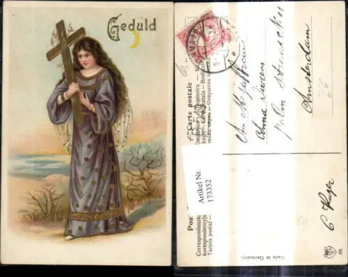 173352,Präge Künstler Litho Religion Frau m. Kreuz Geduld Goldverzierung