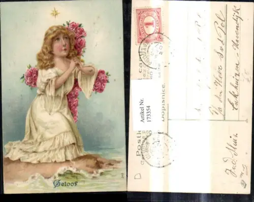 173354,Präge Künstler Litho Religion Mädchen betet Blumenkreuz Rosen Geloof Glaube