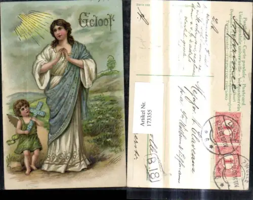 173355,Präge Künstler Litho Religion Frau m. betenden Händen Engel Geloof Glaube Blumenkreuz