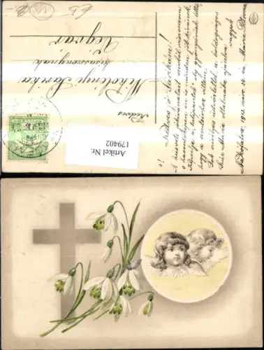 179402,Religion Präge Ak Engel Kreuz Schneeglöckchen