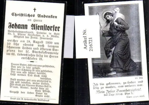 216721,Sterbebild Johann Asendorfer Neukirchen a. d. Vöckla Religion