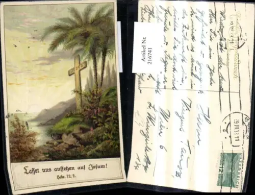 216741,Künstler Ak Insel Kreuz Jesus Palmen Lasset uns aufsehen auf Jesum Religion