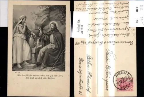 217441,Religion Künstler Ak Ludwig Jesus m. Frau Brunnen Wasser Krug Spruch Text