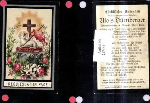 217463,Religion Sterbebild Alois Dürnberger Pram Hausruckviertel