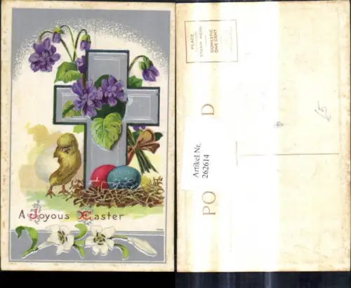 262614,Präge Ak Religion Kreuz Küken m. Eierschale Ostereier Eier Blumen A Joyous Easter Ostern