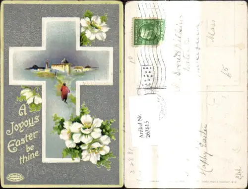 262615,Präge Ak Religion Kreuz Landschaft Mann Blumen A Joyous Easter be thine