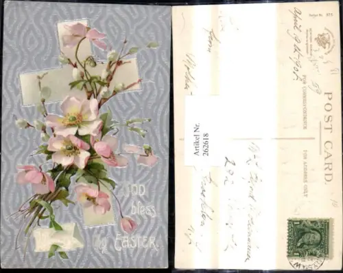 262618,Präge Ak Religion Kreuz Blumen Blütenzweig Palmkätzchen God bless thy Easter Ostern