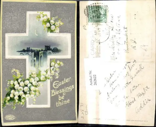 262622,Präge Ak Religion Kreuz Landschaft Stadt b. Sichelmond Mond Blumen Maiglöckchen Easter Ostern