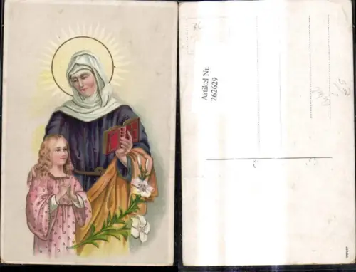 262629,Künstler Litho Frau Maria m. Heiligenschein Mädchen Buch Bibel Lilien Blumen Religion