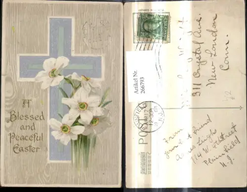 266793,Präge Litho Kreuz Blumen Text Religion