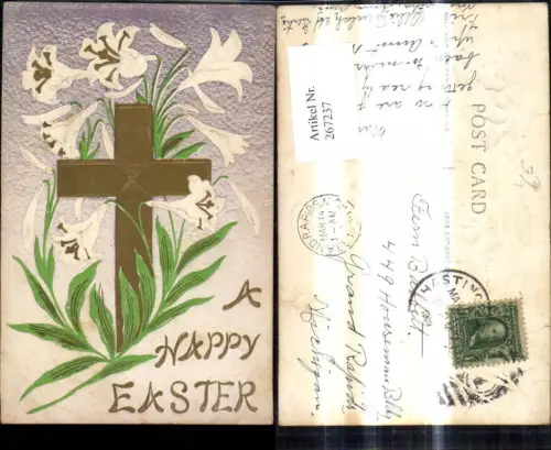 267237,Präge Litho Religion Kreuz Lilien Blumen Goldverzierung Ostern