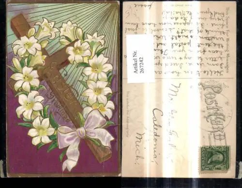 267242,Präge Litho Religion Kreuz Weisse Lilien Blumen Ostern Goldverzierung