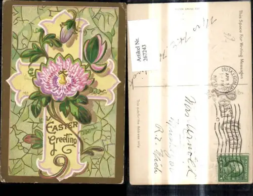 267243,Präge Litho Religion Kreuz Blumen Ostern Goldverzierung