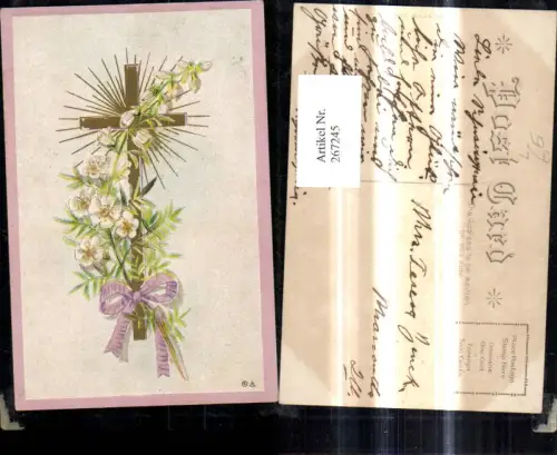 267245,Präge Litho Religion Kreuz Blumen Blütenzweig Schleife Goldverzierung