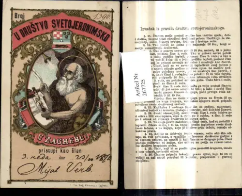 267725,Künstler Ak Religion Mann m. Kreuz Feder u. Buch Zabreb 1870