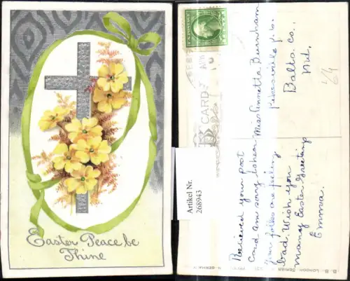 268943,Präge Litho Blumen Kreuz Silberverzierung Schleife Religion