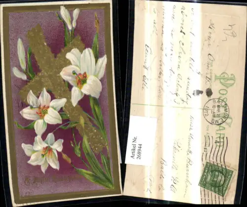 268944,Präge Litho Blumen Kreuz Weisse Lilien Goldverzierung Religion
