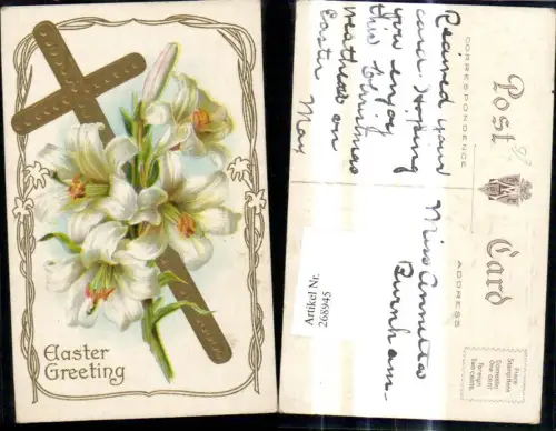 268945,Präge Litho Blumen Kreuz Weisse Lilien Goldverzierung Religion