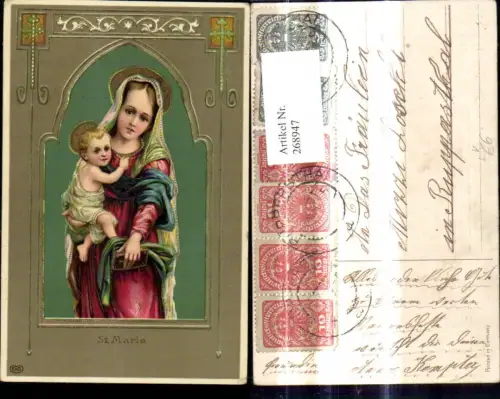 268947,Präge Litho St Maria m. Kind Heiligenschein Buch Bibel Ornament Goldverzierung Religion pub EAS