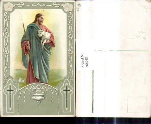 268948,Künstler Ak Religion Jesus m. Lamm Hirtenstab Ornament Kreuz Dornenranke