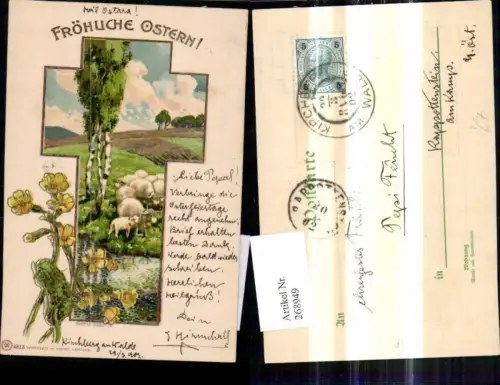 268949,Präge Litho Religion Kreuz Schafe Landschaft Schlüsselblume Goldverzierung pub Winkler e Voigt 4815