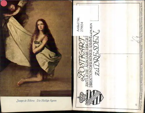 279834,Künstler AK Jusepe de Ribera Religion die Heilige Agnes Frau m. Langen Haaren Tuch Engel