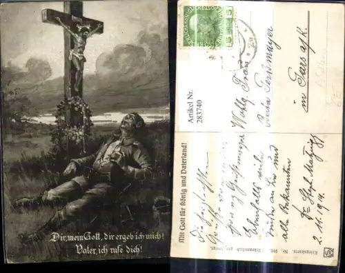 283740,Künstler Ak E. Schlemo Sterbender Soldat b. Kreuz Spruch Religion