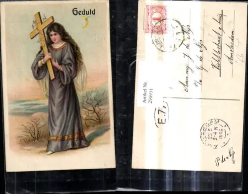 290951,Präge Litho Religion Frau Engel trägt Kreuz Geduld