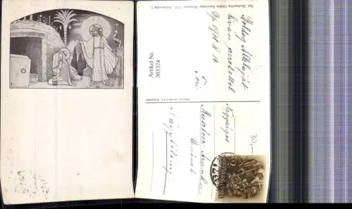 303324,Künstler Ak Jesus Heiligenschein Frau kniet v. Grabkammer Religion Passepartout