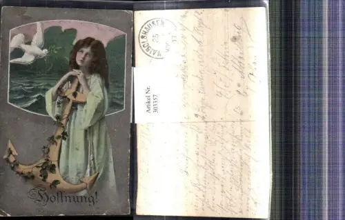 303357,Künstler Ak Mädchen Anker Taube Hoffnung Religion