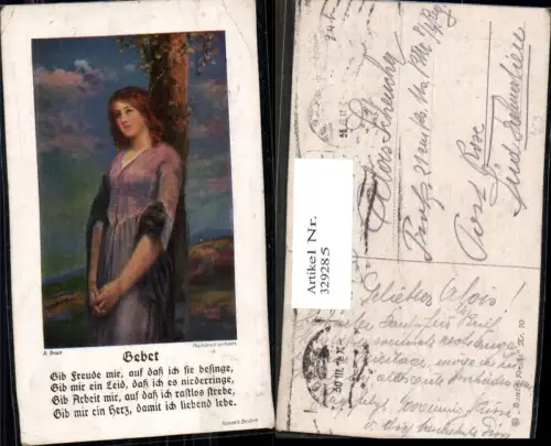 329285,Künstler Ak A. Broch Gebet Frau b. Baum Text Religion