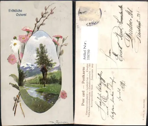 338750,Künstler Ak Religion Marterl Fluss Bergkulisse Palmkätzchen Blumen Passepartout