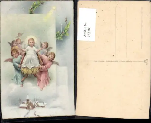 338763,Künstler Ak Religion Jesuskind Krippe v. Engel getragen Winterdorf Stern