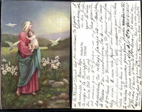 338769,Künstler Ak Religion Maria Jungfrau m. Kind Heiligenschein Tauben Lilien