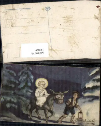 338804,Künstler Ak Religion Jesuskind reitet a. Esel Junge Bub m. Laterne Winterwald Weihnachten