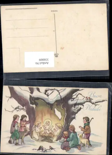 338809,Künstler Ak Religion Jesuskind Krippe Baumstamm Engel Kinder Vögel Schaf Lamm