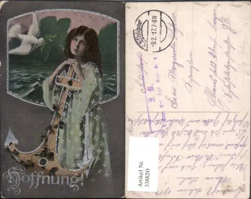 338820,Religion Mädchen m. Anker Taube Hoffnung Silberverzierung