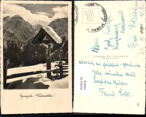 356024,Foto Ak Marterl Wegkreuz Bildstock Winterlandschaft Bergkulisse Religion