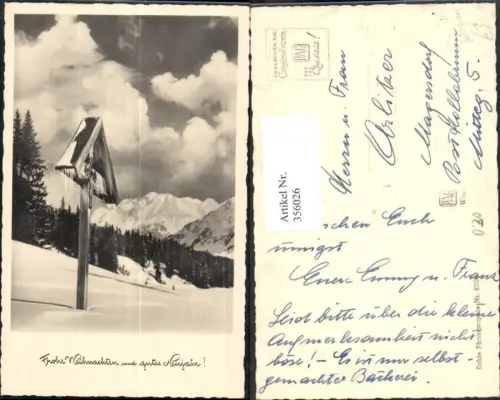356026,Foto Ak Marterl Wegkreuz Bildstock Winterlandschaft Bergkulisse Religion