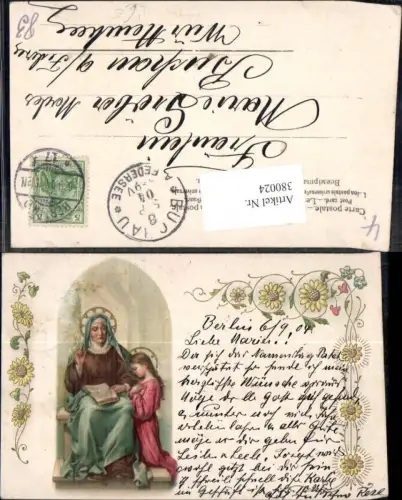 380024,Künstler Litho Religion Nonne m. Mädchen Heiligenschein Buch Lesen Ornament Blumen